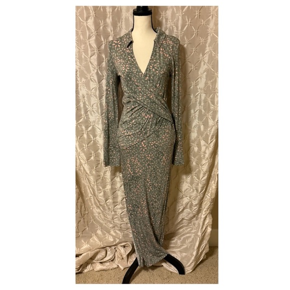 Free People Shayla Wrap Midi Dress Mint Combo Green Floral Long Sleeve - Picture 3 of 10